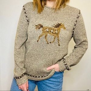 Vintage XL Christopher Banks Hand Embroidered Horse Knit Pullover Sweater